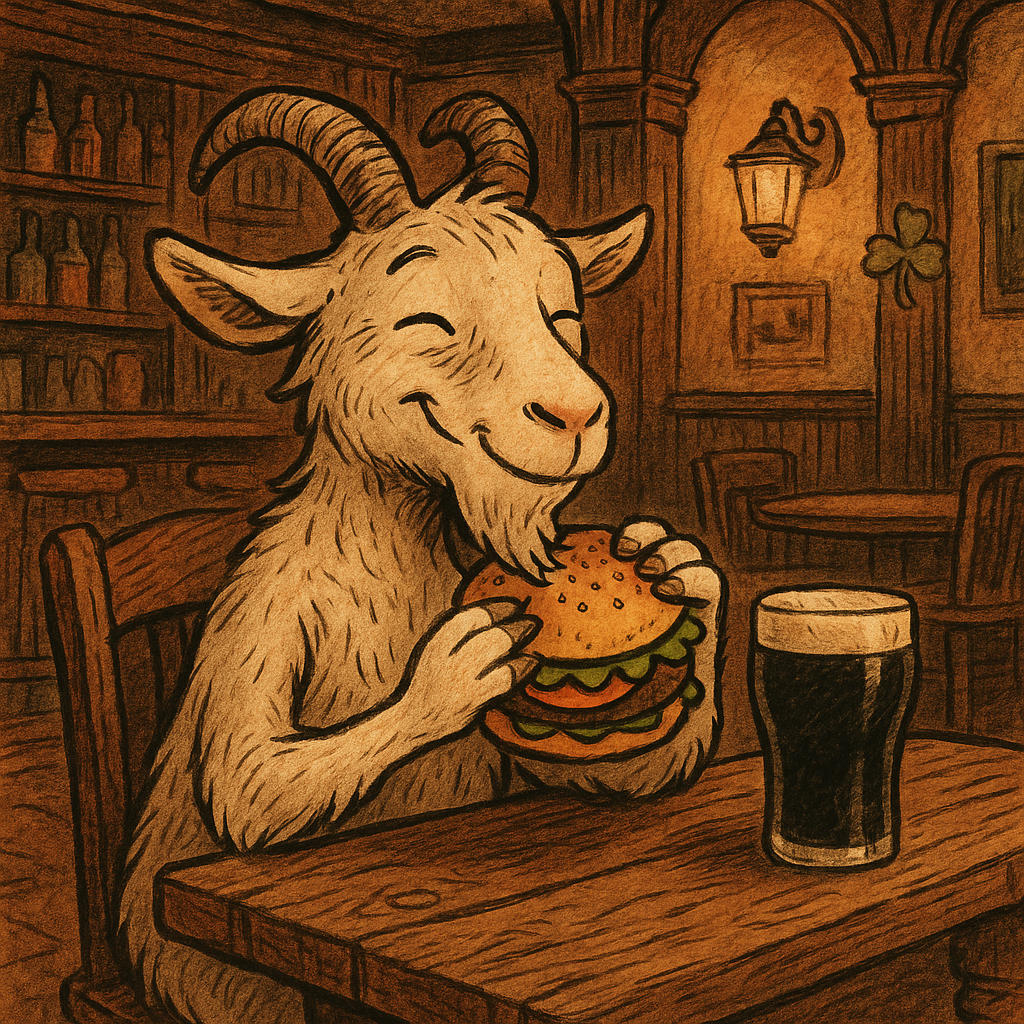 A goat enjoying a burger at Cassidys pub